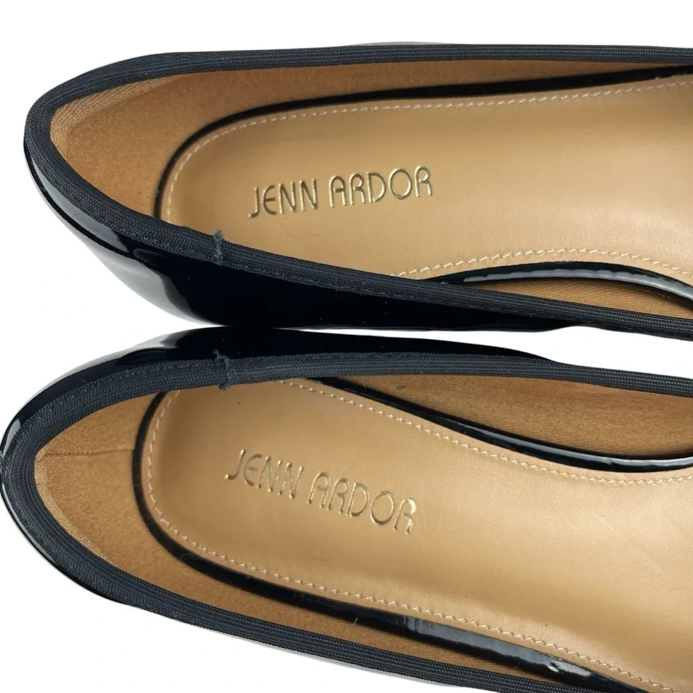 Jenn Ardor Women's Ballet Pumps Size 9.5 Black Patent Bow Slip On Low Block Heel